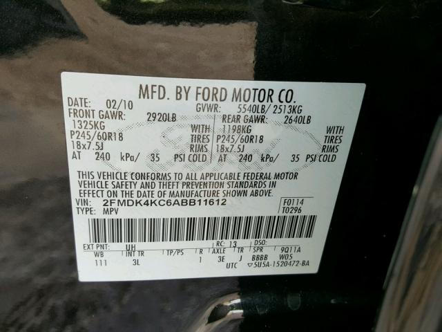 2FMDK4KC6ABB11612 - 2010 FORD EDGE LIMIT BLACK photo 10