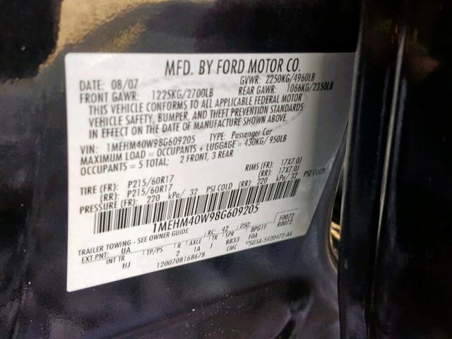 1MEHM40W98G609205 - 2008 MERCURY SABLE LUXU BLACK photo 10