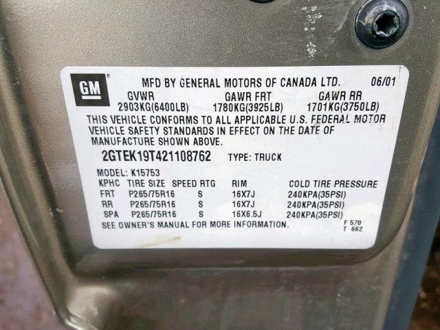 2GTEK19T421108762 - 2002 GMC NEW SIERRA BEIGE photo 10