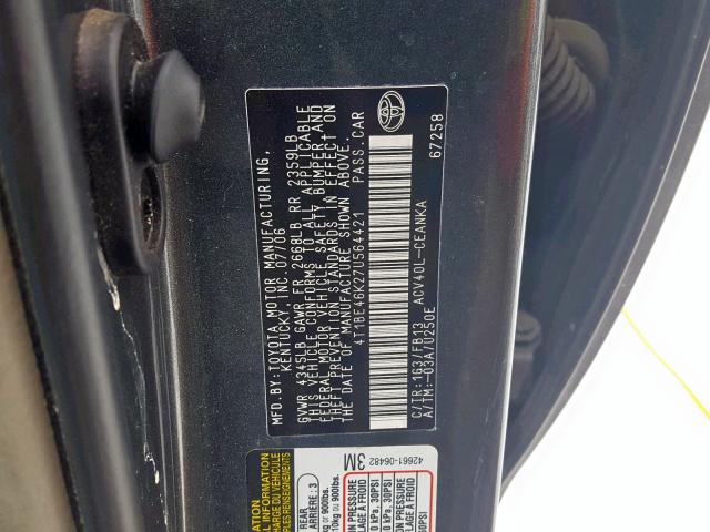 4T1BE46K27U564421 - 2007 TOYOTA CAMRY CE/L GRAY photo 10