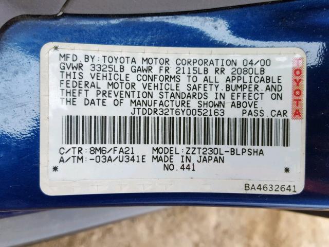 JTDDR32T6Y0052163 - 2000 TOYOTA CELICA GT BLUE photo 10