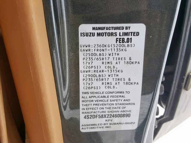 4S2DF58X224600890 - 2002 ISUZU AXIOM XS Grafit foto 10