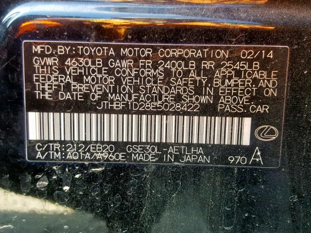 JTHBF1D28E5028422 - 2014 LEXUS IS 250 BLACK photo 10