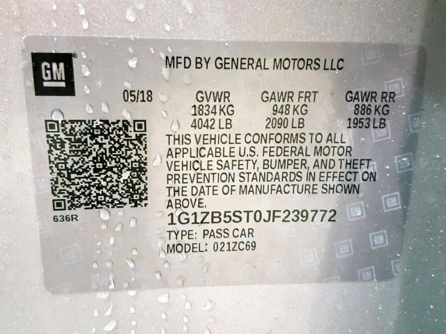 1G1ZB5ST0JF239772 - 2018 CHEVROLET MALIBU LS SILVER photo 10