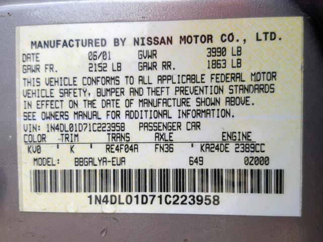 1N4DL01D71C223958 - 2001 NISSAN ALTIMA XE BEIGE photo 10