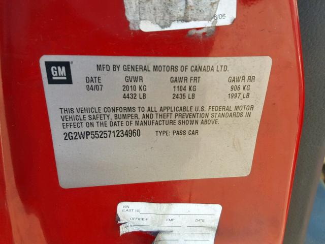 2G2WP552571234960 - 2007 PONTIAC GRAND PRIX RED photo 10