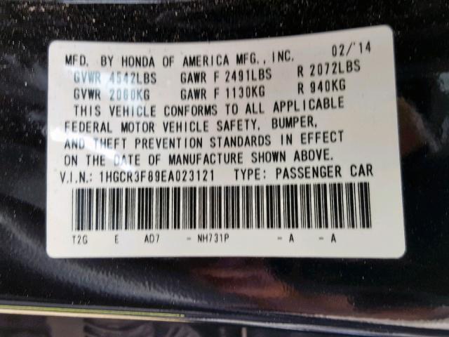 1HGCR3F89EA023121 - 2014 HONDA ACCORD EXL BLACK photo 10