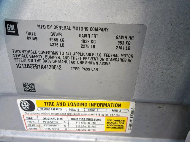 1G1ZB5EB1A4138612 - 2010 CHEVROLET MALIBU LS SILVER photo 10