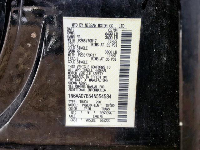 1N6AA07B54N554584 - 2004 NISSAN TITAN BLACK photo 10