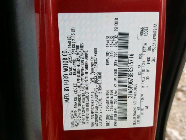 3FA6P0G78ER315716 - 2014 FORD FUSION S RED photo 10