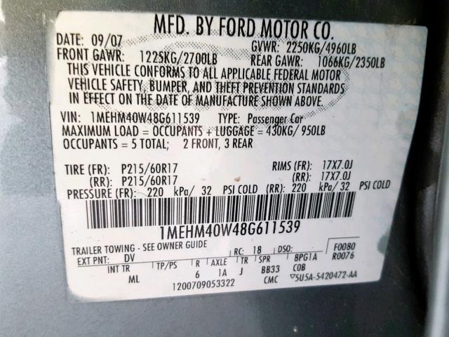 1MEHM40W48G611539 - 2008 MERCURY SABLE LUXU TEAL photo 10