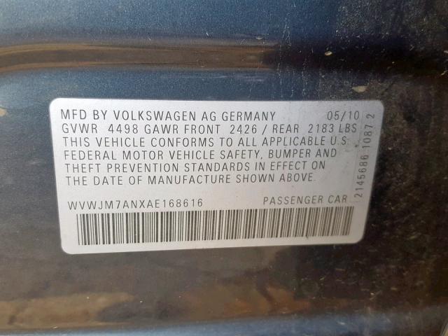 WVWJM7ANXAE168616 - 2010 VOLKSWAGEN PASSAT KOM GRAY photo 10