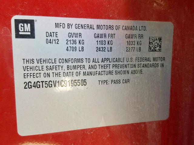 2G4GT5GV1C9195505 - 2012 BUICK REGAL PREM RED photo 10