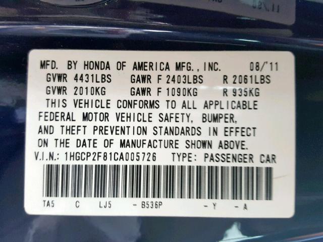 1HGCP2F81CA005726 - 2012 HONDA ACCORD EXL BLUE photo 10