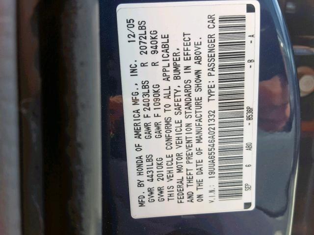 19UUA65546A021332 - 2006 ACURA 3.2TL BLUE photo 10