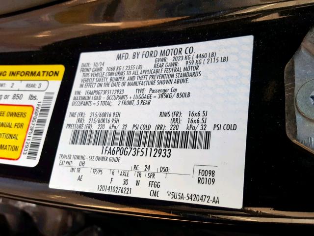 1FA6P0G73F5112933 - 2015 FORD FUSION S BLACK photo 10