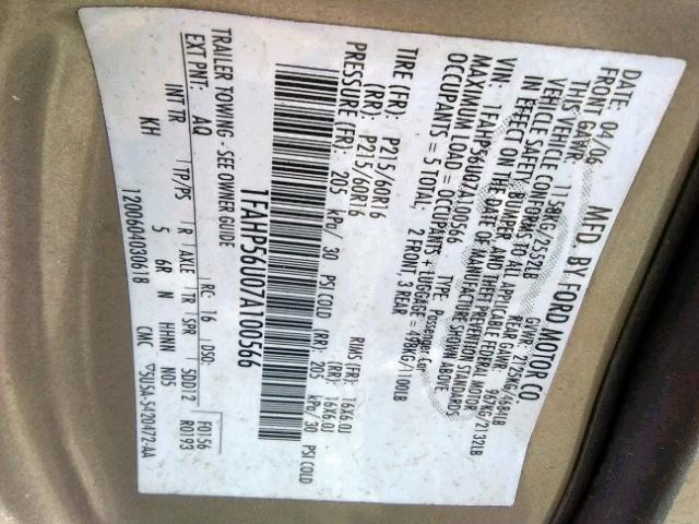 1FAHP56U07A100566 - 2007 FORD TAURUS SEL GOLD photo 10