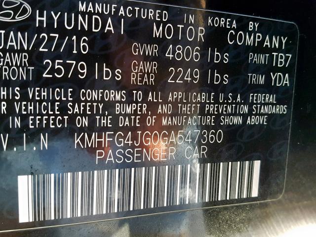 KMHFG4JG0GA547360 - 2016 HYUNDAI AZERA BLACK photo 10