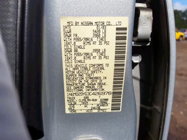 1N6MD29Y63C426978 - 2003 NISSAN FRONTIER C SILVER photo 10