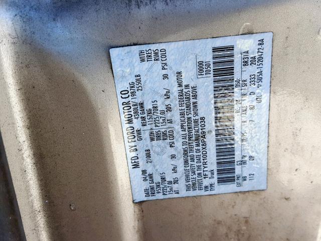 1FTYR10DX8PA91038 - 2008 FORD RANGER GOLD photo 10