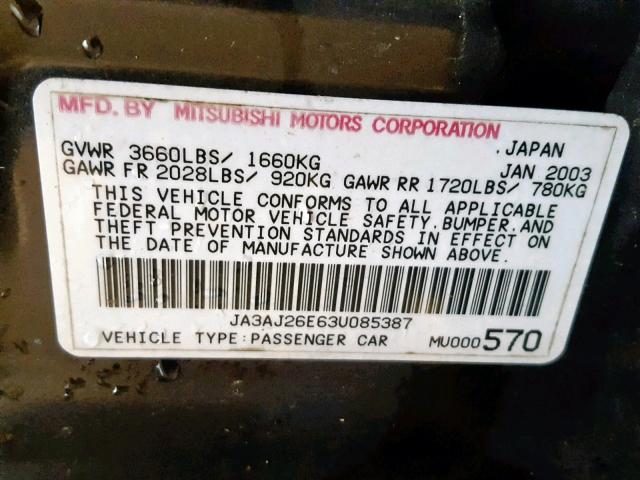 JA3AJ26E63U085387 - 2003 MITSUBISHI LANCER ES BLACK photo 10