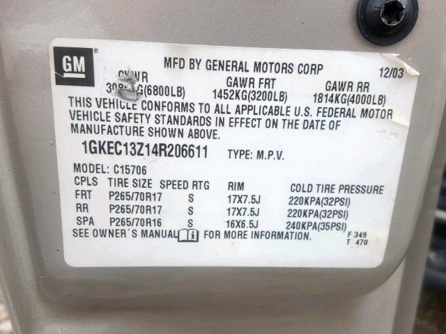 1GKEC13Z14R206611 - 2004 GMC YUKON BEIGE photo 10