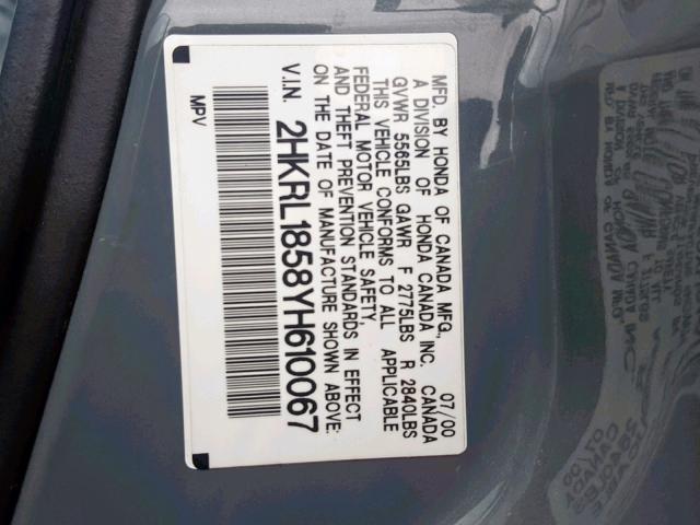 2HKRL1858YH610067 - 2000 HONDA ODYSSEY LX BLUE photo 10