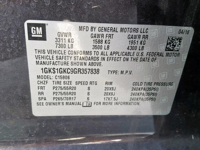 1GKS1GKC9GR357838 - 2016 GMC YUKON XL C CHARCOAL photo 10