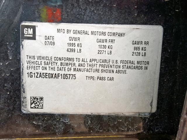 1G1ZA5E0XAF105775 - 2010 CHEVROLET MALIBU LS BLACK photo 10