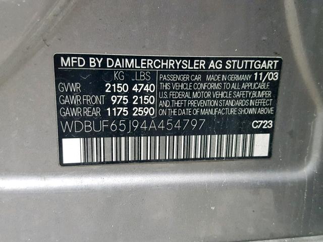 WDBUF65J94A454797 - 2004 MERCEDES-BENZ E 320 GRAY photo 10