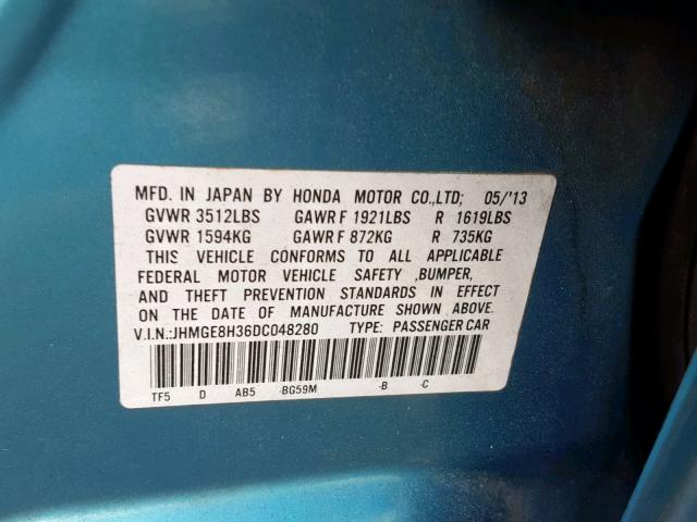 JHMGE8H36DC048280 - 2013 HONDA FIT BLUE photo 10