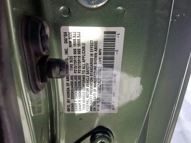 5J6YH28524L016593 - 2004 HONDA ELEMENT EX GREEN photo 10