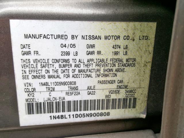 1N4BL11D05N900808 - 2005 NISSAN ALTIMA SE BEIGE photo 10