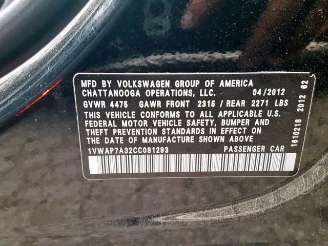 1VWAP7A32CC081293 - 2012 VOLKSWAGEN PASSAT S BLACK photo 10