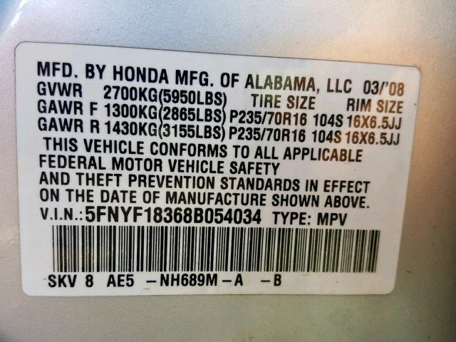 5FNYF18368B054034 - 2008 HONDA PILOT SE SILVER photo 10