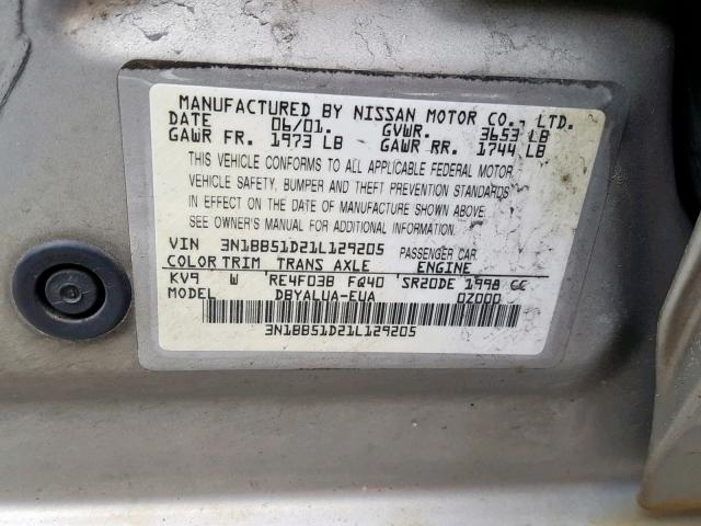 3N1BB51D21L129205 - 2001 NISSAN SENTRA SE GOLD photo 10