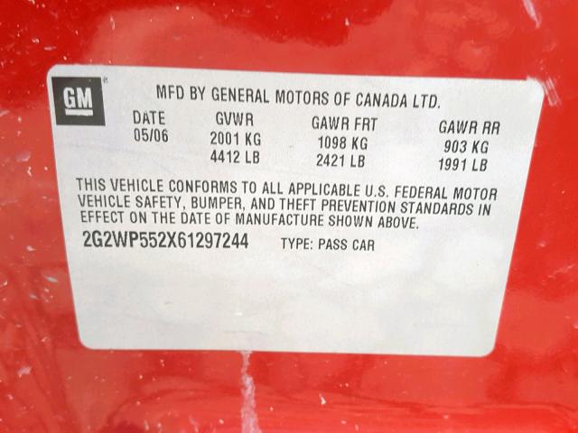 2G2WP552X61297244 - 2006 PONTIAC GRAND PRIX RED photo 10