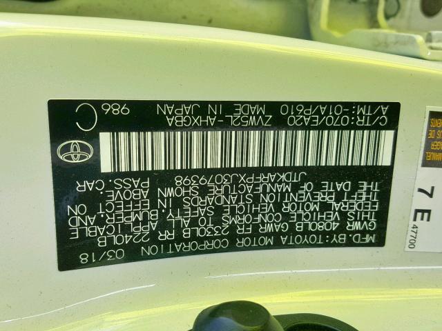 JTDKARFPXJ3079398 - 2018 TOYOTA PRIUS PRIM 白色 照片 10