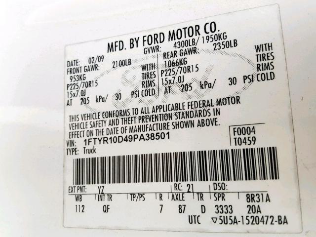 1FTYR10D49PA38501 - 2009 FORD RANGER WHITE photo 10