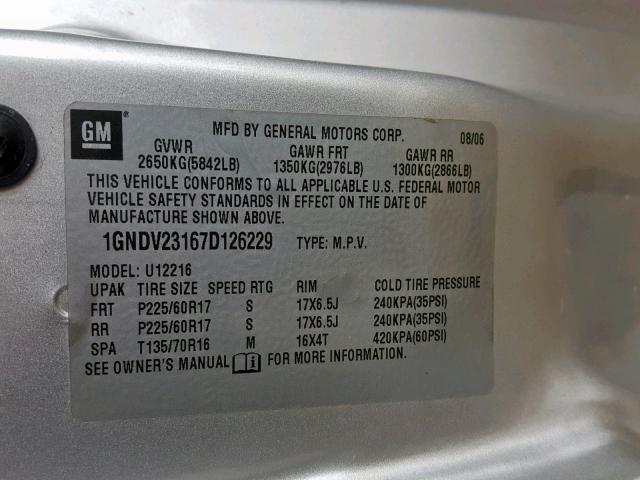 1GNDV23167D126229 - 2007 CHEVROLET UPLANDER L 银色 照片 10