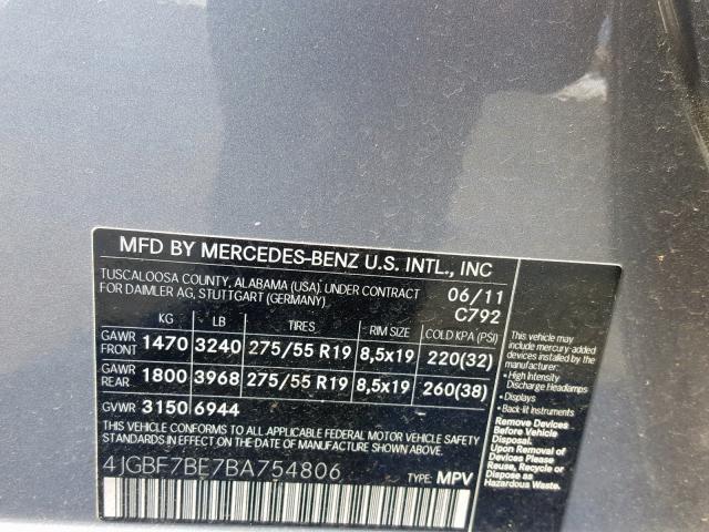 4JGBF7BE7BA754806 - 2011 MERCEDES-BENZ GL 450 4MA SILVER photo 10