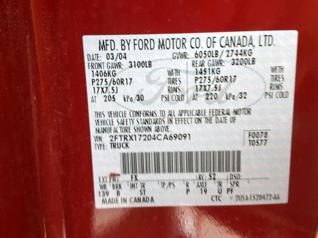 2FTRX17204CA69091 - 2004 FORD F-150 HERI RED photo 10