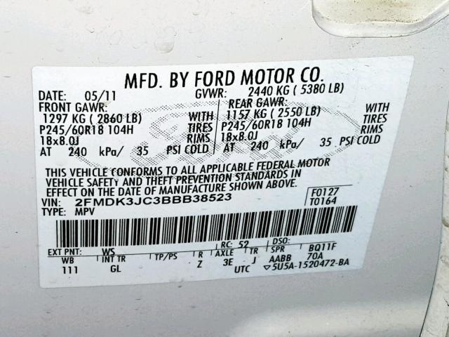 2FMDK3JC3BBB38523 - 2011 FORD EDGE SEL WHITE photo 10