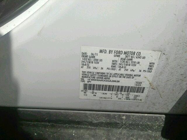 1FM5K8AR3GGA28626 - 2016 FORD EXPLORER P WHITE photo 10