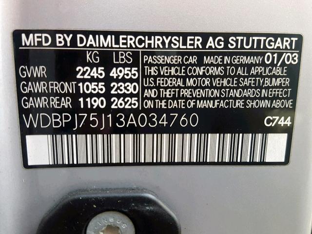 WDBPJ75J13A034760 - 2003 MERCEDES-BENZ CL 500 SILVER photo 10