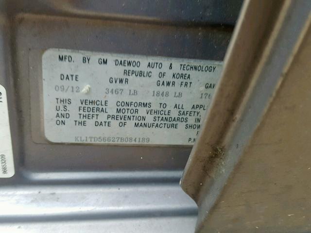 KL1TD56627B084189 - 2007 CHEVROLET AVEO BASE Сұр фото 10