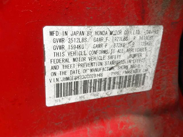 JHMGE8H33CC028146 - 2012 HONDA FIT RED photo 10