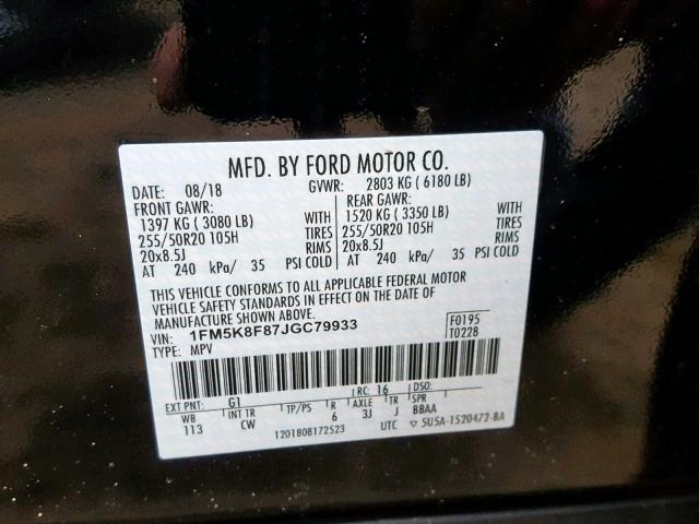 1FM5K8F87JGC79933 - 2018 FORD EXPLORER L BLACK photo 10