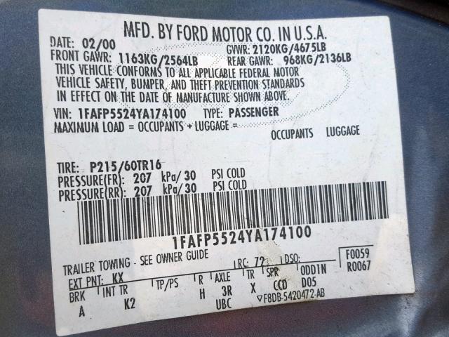 1FAFP5524YA174100 - 2000 FORD TAURUS SES BLUE photo 10