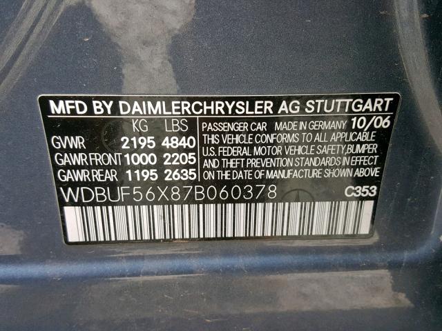 WDBUF56X87B060378 - 2007 MERCEDES-BENZ E 350 BLUE photo 10